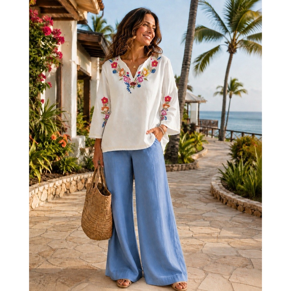 Sundance Women's L White Cotton Embroidered Floral Boho Tunic Blouse Resort XX09